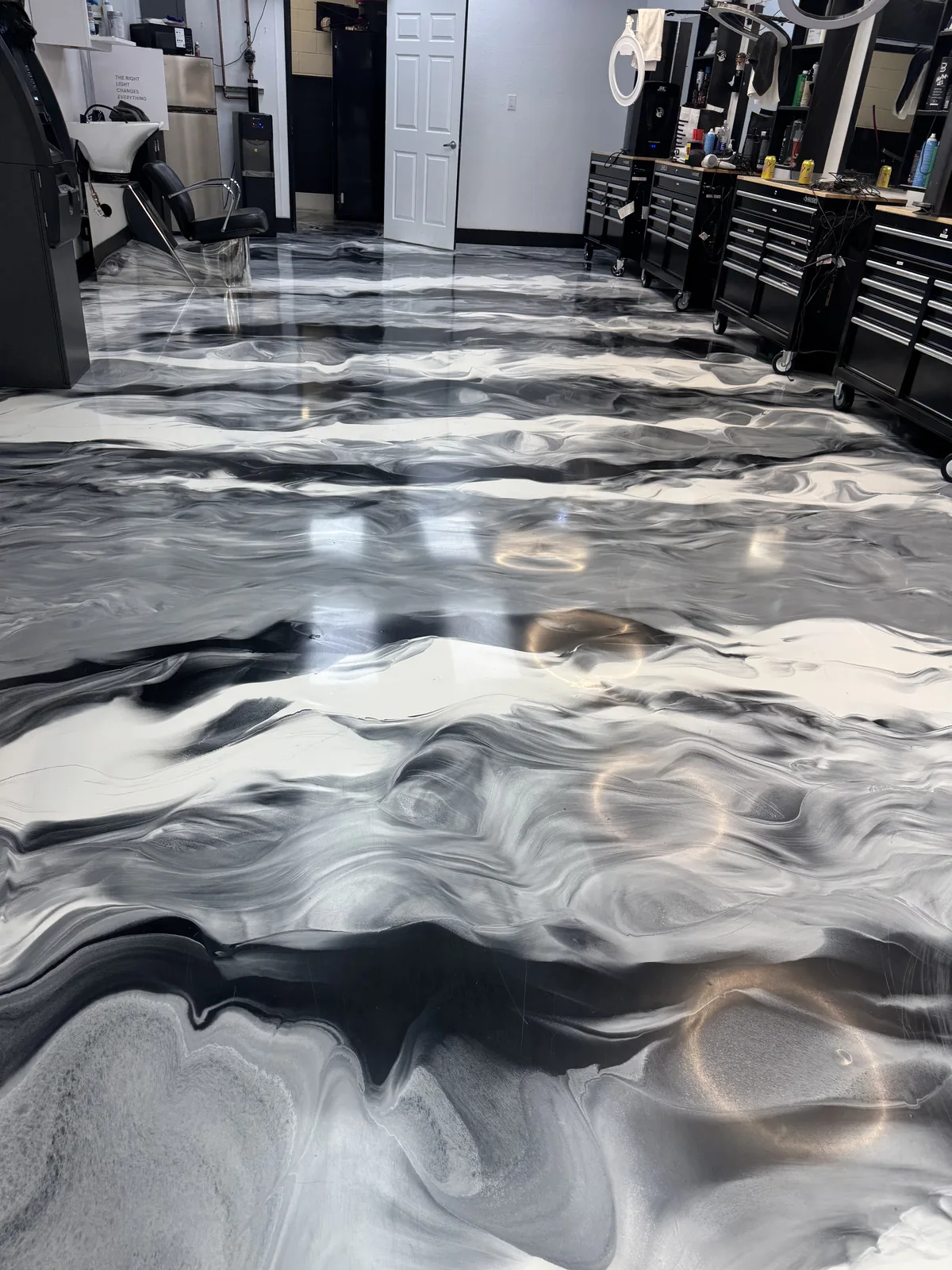 Black and white metallic epoxy floor clean