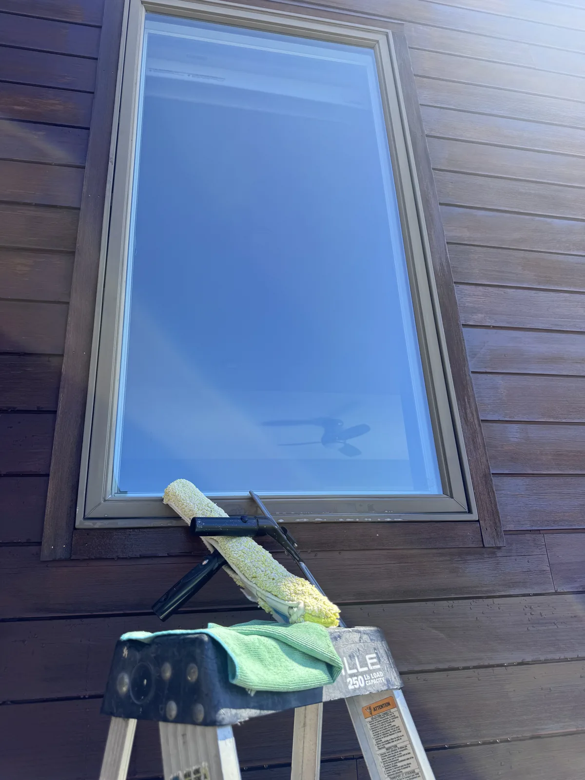 Skylight being cleaned with a squeegee from a ladder